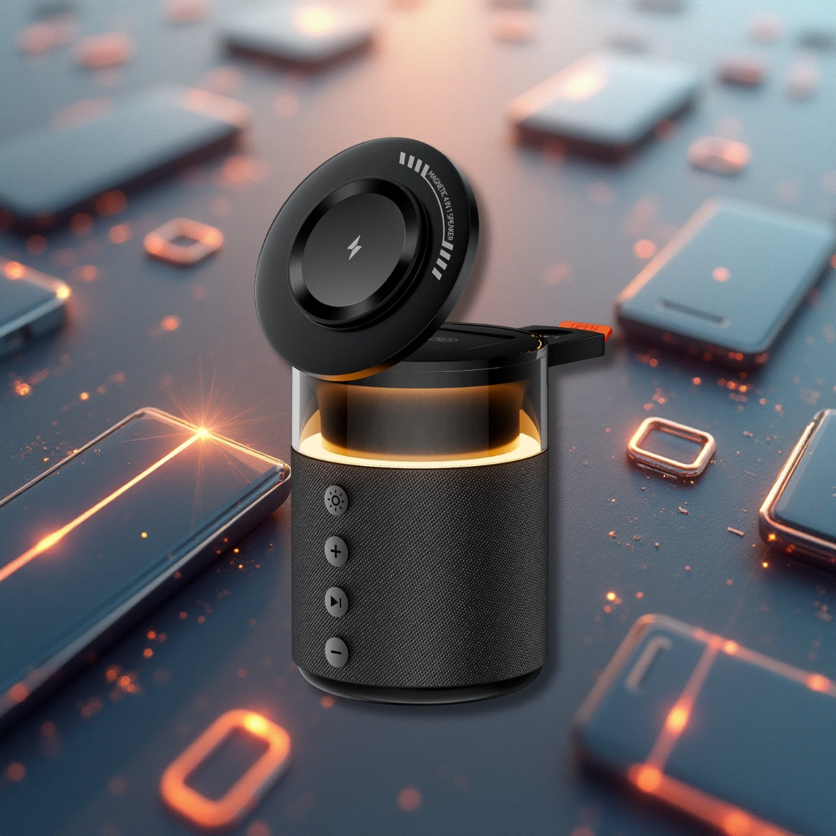 Station de charge sans fil magnétique 5-en-1 – Charge Rapide iPhone, Apple Watch & AirPods avec Haut-Parleur Bluetooth et Veilleuse LED