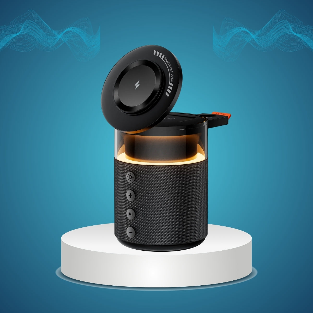 Station de charge sans fil magnétique 5-en-1 – Charge Rapide iPhone, Apple Watch & AirPods avec Haut-Parleur Bluetooth et Veilleuse LED