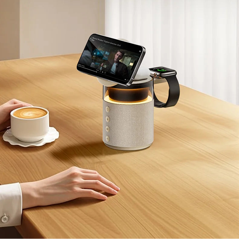 Station de charge sans fil magnétique 5-en-1 – Charge Rapide iPhone, Apple Watch & AirPods avec Haut-Parleur Bluetooth et Veilleuse LED