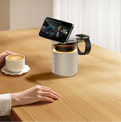 Station de charge sans fil magnétique 5-en-1 – Charge Rapide iPhone, Apple Watch & AirPods avec Haut-Parleur Bluetooth et Veilleuse LED