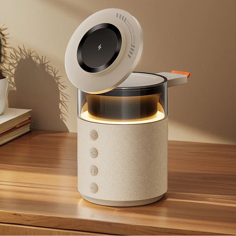 Station de charge sans fil magnétique 5-en-1 – Charge Rapide iPhone, Apple Watch & AirPods avec Haut-Parleur Bluetooth et Veilleuse LED