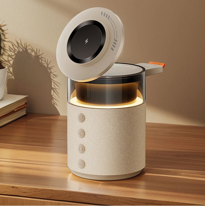 Station de charge sans fil magnétique 5-en-1 – Charge Rapide iPhone, Apple Watch & AirPods avec Haut-Parleur Bluetooth et Veilleuse LED