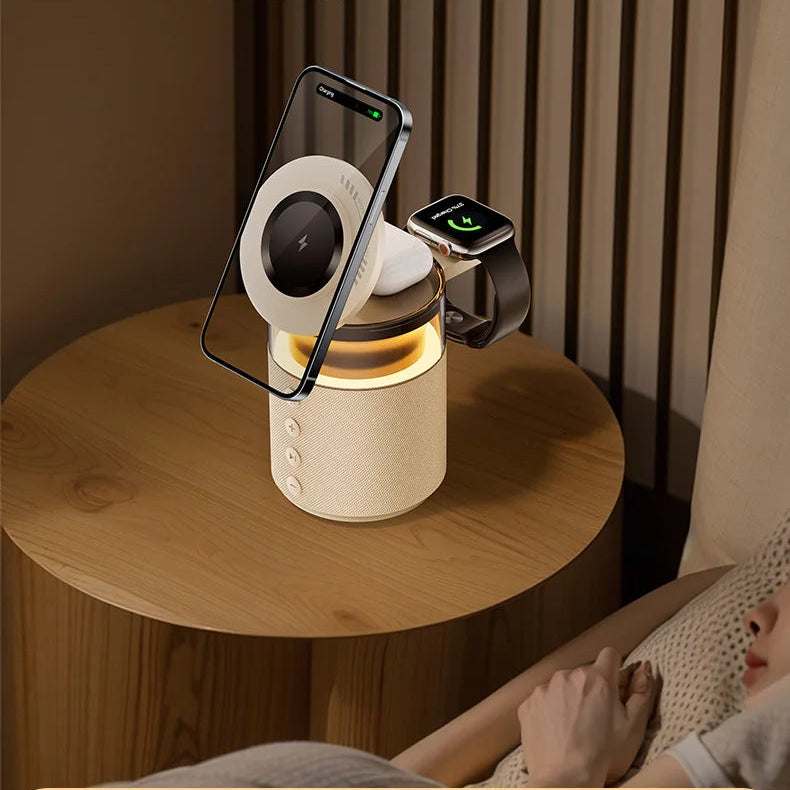 Station de charge sans fil magnétique 5-en-1 – Charge Rapide iPhone, Apple Watch & AirPods avec Haut-Parleur Bluetooth et Veilleuse LED