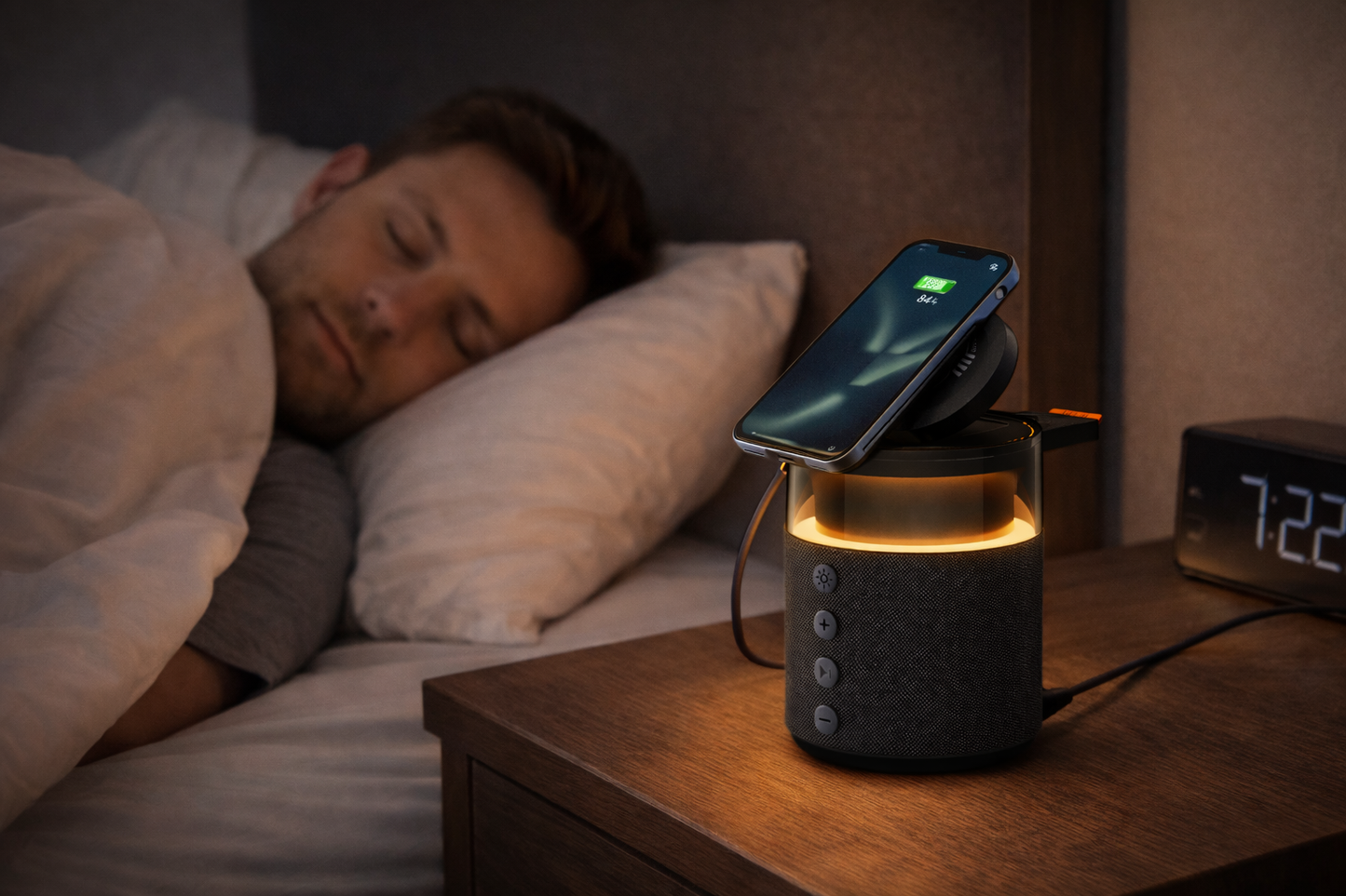 Station de charge sans fil magnétique 5-en-1 – Charge Rapide iPhone, Apple Watch & AirPods avec Haut-Parleur Bluetooth et Veilleuse LED