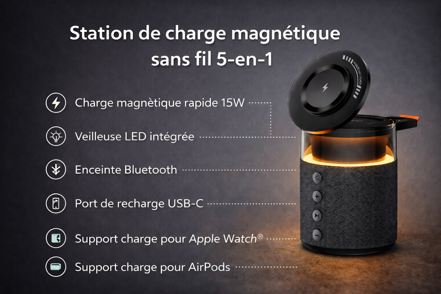 Station de charge sans fil magnétique 5-en-1 – Charge Rapide iPhone, Apple Watch & AirPods avec Haut-Parleur Bluetooth et Veilleuse LED